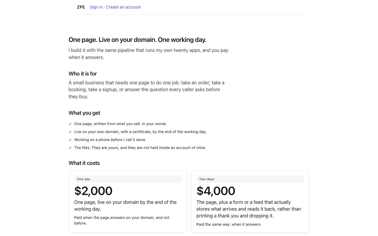 Screenshot of the build offer page: a headline promising a page live in a day, and its price.