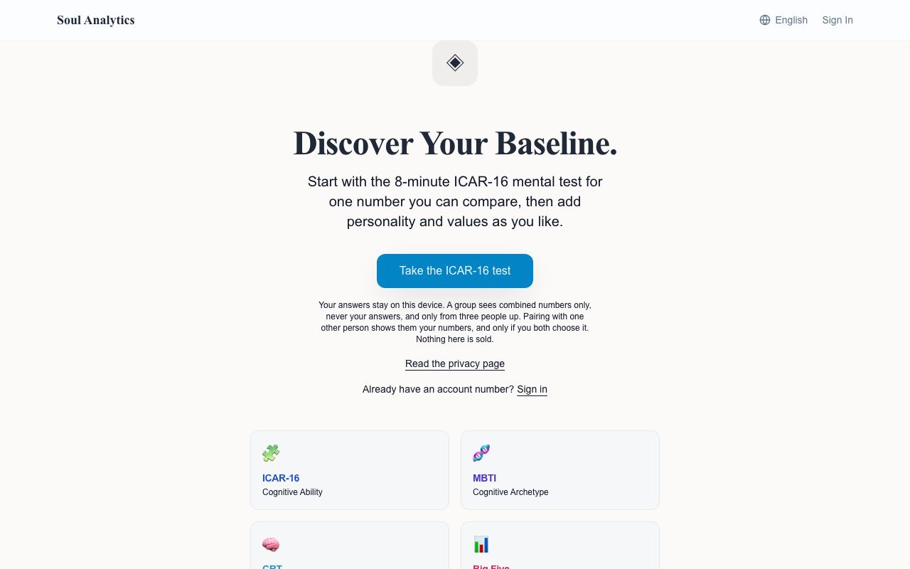 Screenshot of the Soul Analytics page: an eight-minute test.