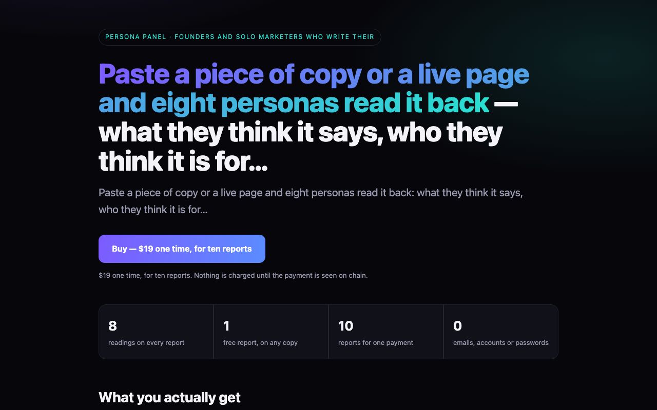 Screenshot of the persona panel page: eight readings of a piece of copy, sold for one payment.