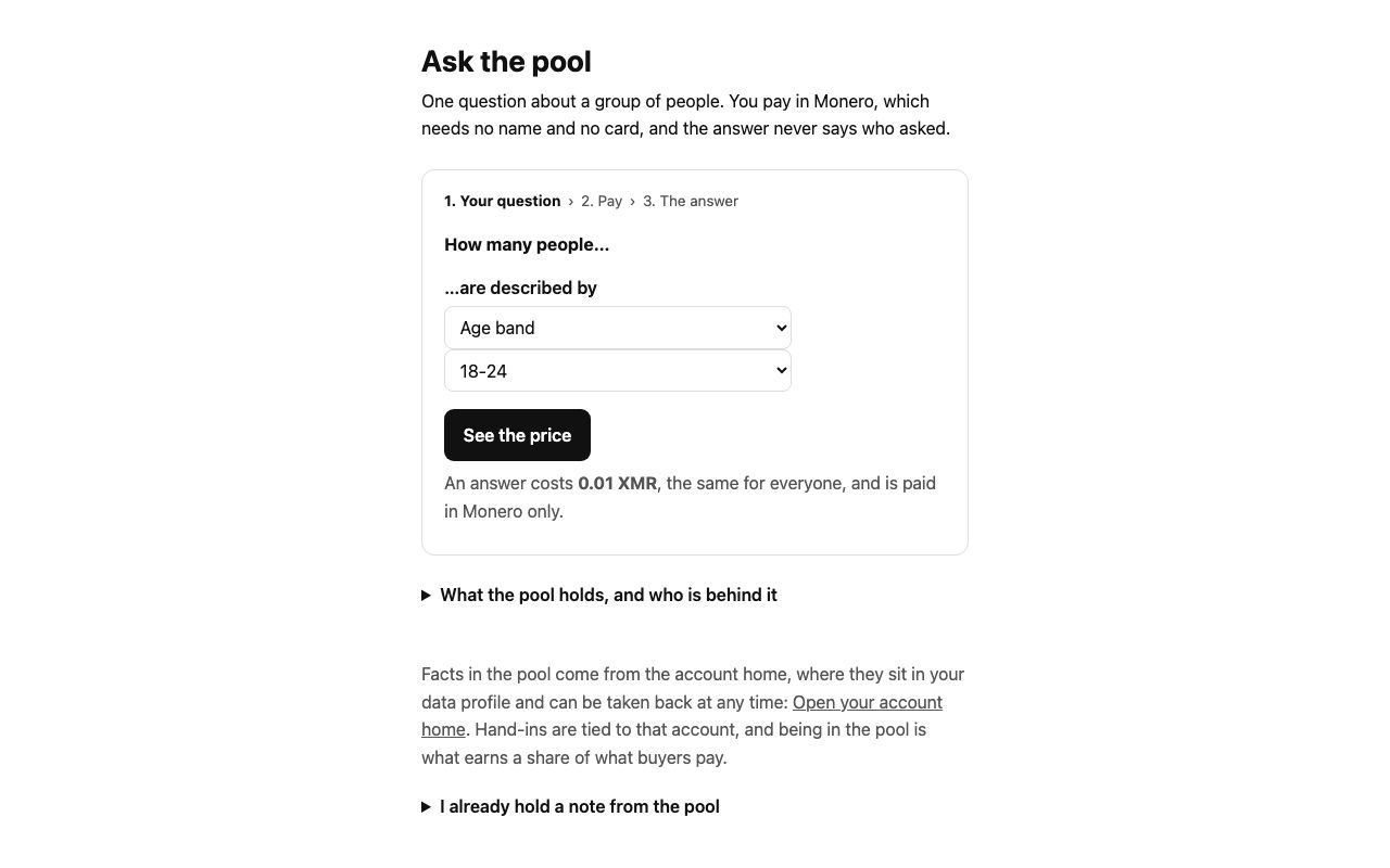Screenshot of the pool page: a three-step question form with a price in Monero.