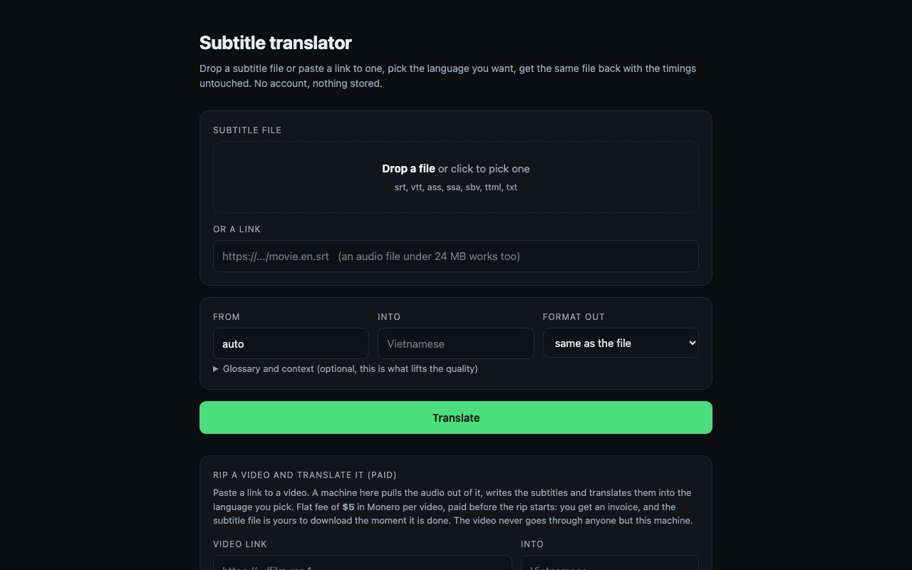 Screenshot of the subtitle translator page.