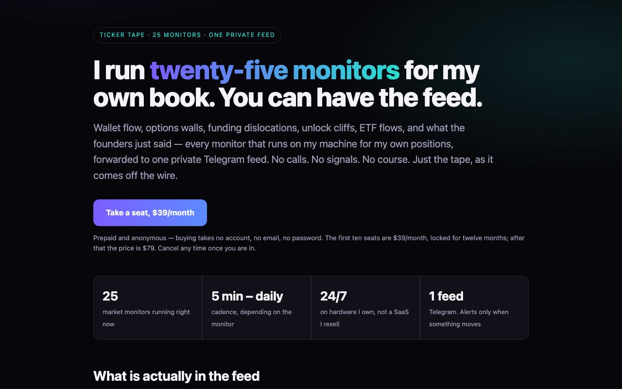 Screenshot of the Tape page: a headline about twenty-five monitors and a monthly price.